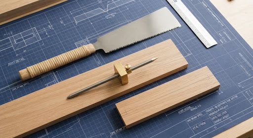 Woodworking tools on a blueprint