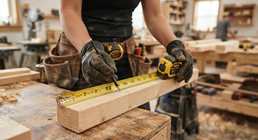Hands measuring lumber in a workshop