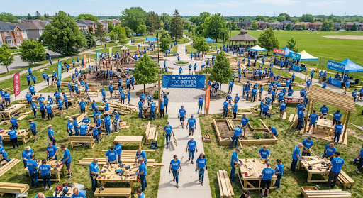 Aerial view of a community build event