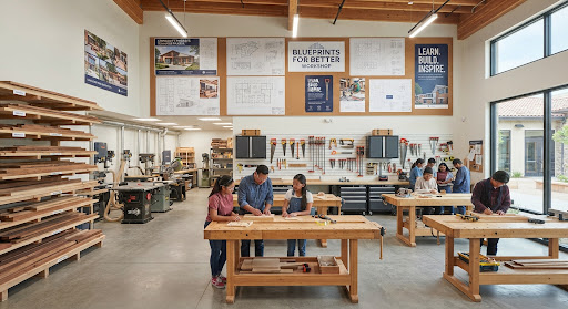 Students learning in a woodworking classroom